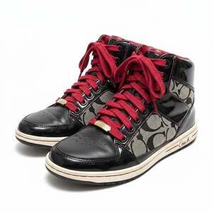 Coach Norra High Top Sneaker Q368 Women's 6 Black Signature Canvas Patent Red